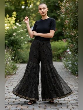 WforwomenWBlack Wide-Leg Metallic Dot Palazzo Pants
